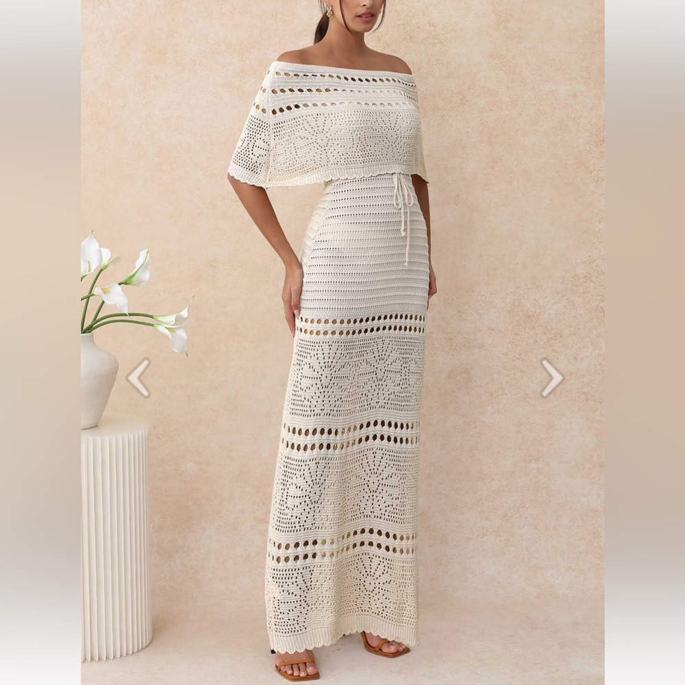 Chicwish Cream Crochet Off-Shoulder Maxi Dress - Picture 2 of 10
